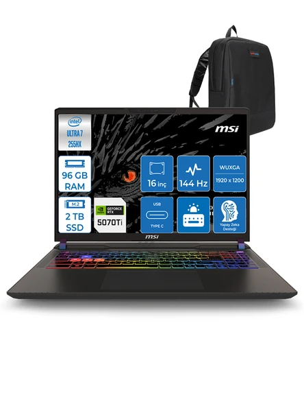 Msı Vector 16 Hx Aı Intel Ultra 7 255HX Aı 96GB Ddr5 2tb SSD 12GB/RTX5070TI/140W WIN11HOME 16" Fhd+ 144Hz Taşınabilir Bilgisayar 091XTRH27 + Zettausbbellek