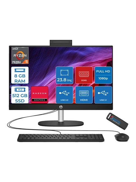 Hp 24-CR0034NT Amd Ryzen 5 7520U 8gb 512GB SSD Windows 11 Home Amd Radeon™ Grafik Kartı 23.8 Inç IPS Fullhd All In One Bilgisayar 80N40EAH21+ Zetta Flash Bellek ürün görseli 1