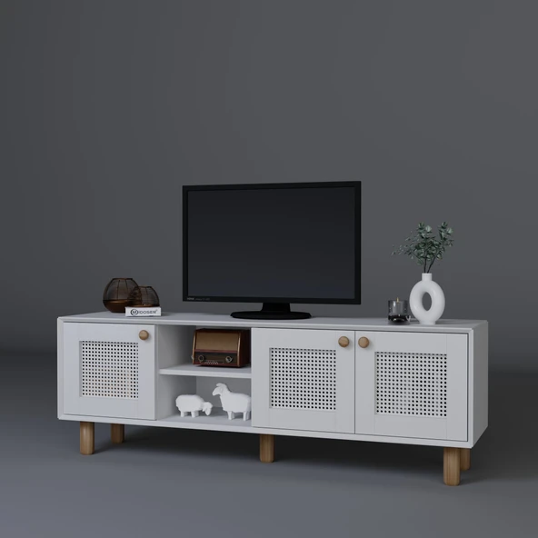 Midoser Bohem Serisi Natura Mat Beyaz Pvc Hasır Desen Tv Ünitesi - 6