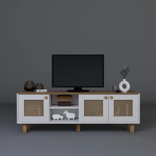Midoser Bohem Serisi Garden Meşe - Beyaz Pvc Hasır Desen Tv Ünitesi - 5