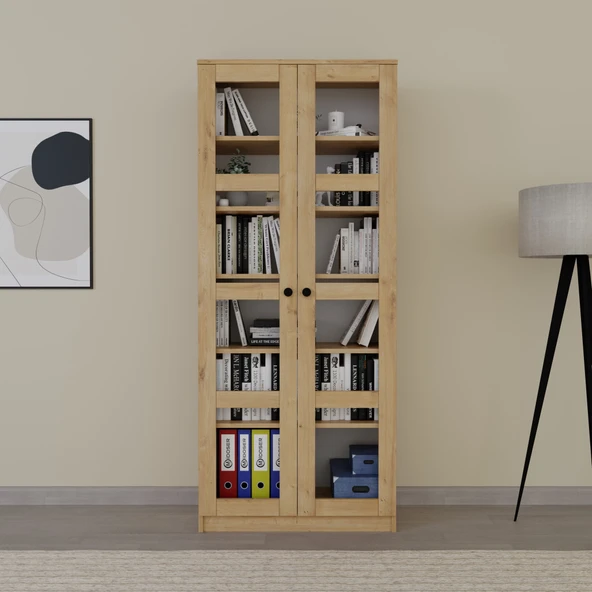 Midoser Lucas Cam Kapaklı Vitrin - Büfe - Kitaplık ve Çok Amaçlı Dolap ( AYARLANABİLİR RAF ) Ceviz - Meşe