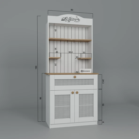 Midoser Lucas 2 Kapaklı Çekmeceli Pvc Hasır Desen Kahve Köşesi & Çok Amaçlı Mutfak Dolabı-Açık Ceviz & Beyaz - 6