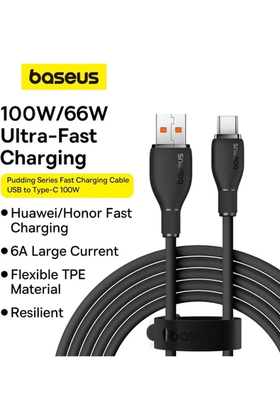 Baseus Pudding Serisi Hızlı Şarj ve Data Kablosu USB'den Type-c USB-C'ye 6 Amper 100W, 1,2m - 4