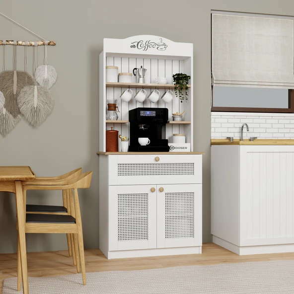 Midoser Lucas 2 Kapaklı Çekmeceli Pvc Hasır Desen Kahve Köşesi & Çok Amaçlı Mutfak Dolabı-Açık Ceviz & Beyaz - 3