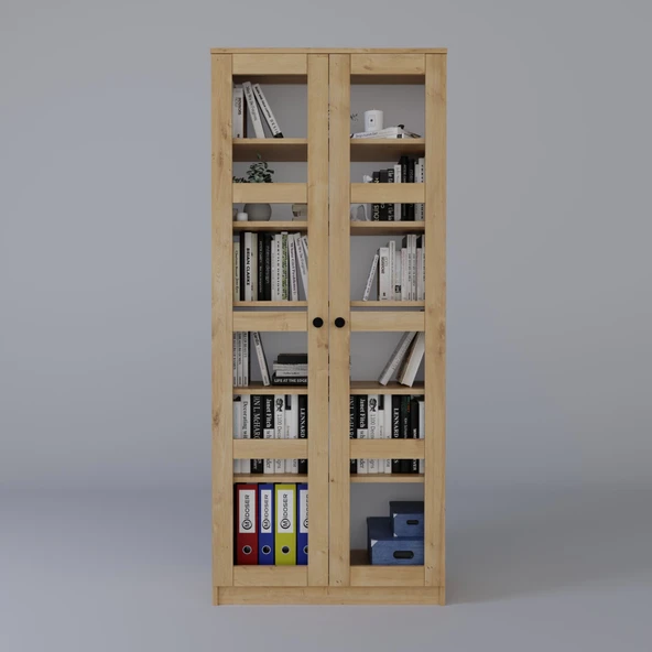 Midoser Lucas Cam Kapaklı Vitrin - Büfe - Kitaplık ve Çok Amaçlı Dolap ( AYARLANABİLİR RAF ) Ceviz - Meşe - 5