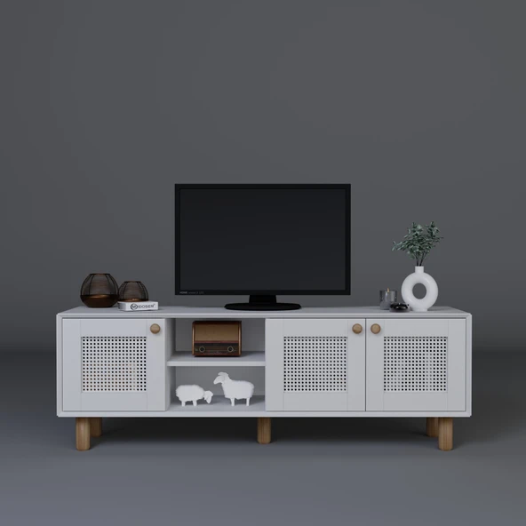 Midoser Bohem Serisi Natura Mat Beyaz Pvc Hasır Desen Tv Ünitesi - 5