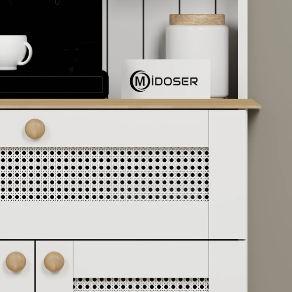 Midoser Lucas 2 Kapaklı Çekmeceli Pvc Hasır Desen Kahve Köşesi & Çok Amaçlı Mutfak Dolabı-Açık Ceviz & Beyaz - 2