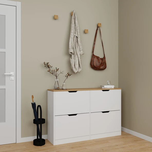 Midoser Nisan Düşer Kapak 4 Bölmeli Ayakkabılık Beyaz-ceviz 120 Cm - 2