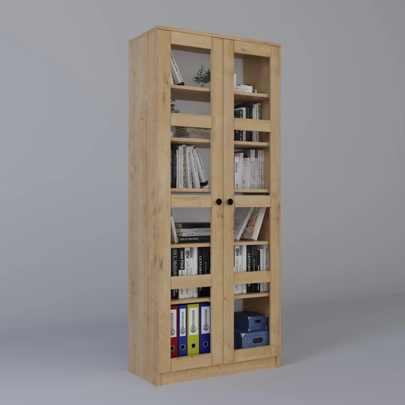 Midoser Lucas Cam Kapaklı Vitrin - Büfe - Kitaplık ve Çok Amaçlı Dolap ( AYARLANABİLİR RAF ) Ceviz - Meşe - 7