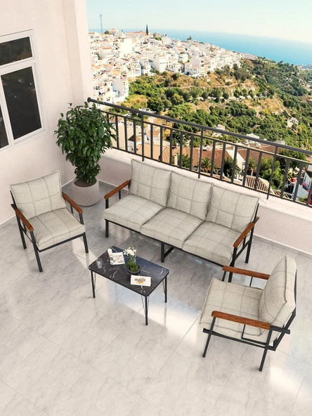 Modern Serisi Bahçe Takımı, Bahçe Mobilyası, Metal Koltuk Takımı - 3+1+1 Sehpalı - Bendir Krem