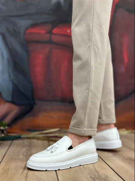 ET0005 Bağcıksız Yüksek Taban Klasik Beyaz Püsküllü Erkek Ayakkabı - Resim 3