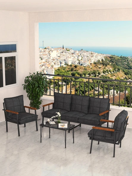 Modern Serisi Bahçe Takımı, Bahçe Mobilyası, Metal Koltuk Takımı - 3+1+1 Sehpalı - Bendir Antrasit - 2