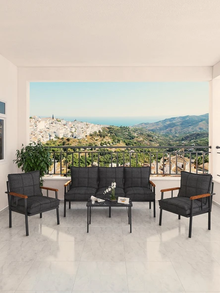 Modern Serisi Bahçe Takımı, Bahçe Mobilyası, Metal Koltuk Takımı - 3+1+1 Sehpalı - Bendir Antrasit - 3