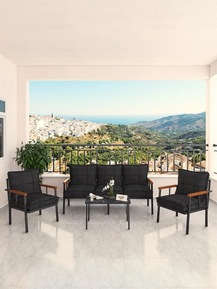 Modern Serisi Bahçe Takımı, Bahçe Mobilyası, Metal Koltuk Takımı - 3+1+1 Sehpalı - Bendir Siyah - 3