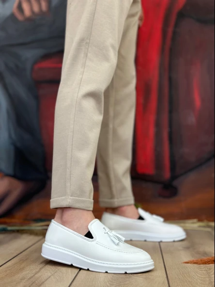 ET0005 Bağcıksız Yüksek Taban Klasik Beyaz Püsküllü Erkek Ayakkabı - Resim 2