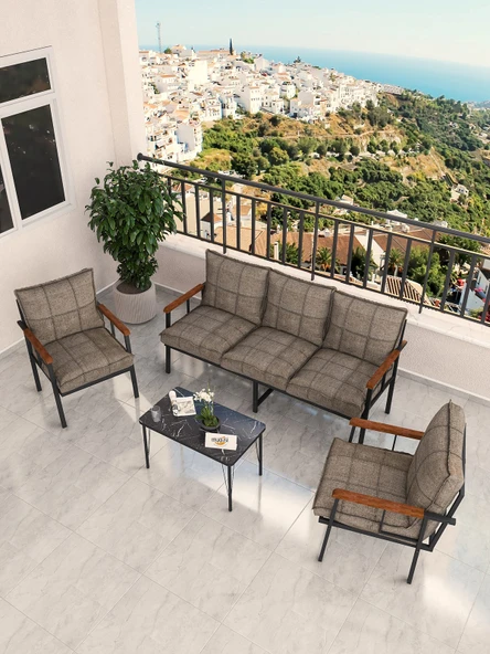 Modern Serisi Bahçe Takımı, Bahçe Mobilyası, Metal Koltuk Takımı - 3+1+1 Sehpalı - Bendir Cappucino - 1