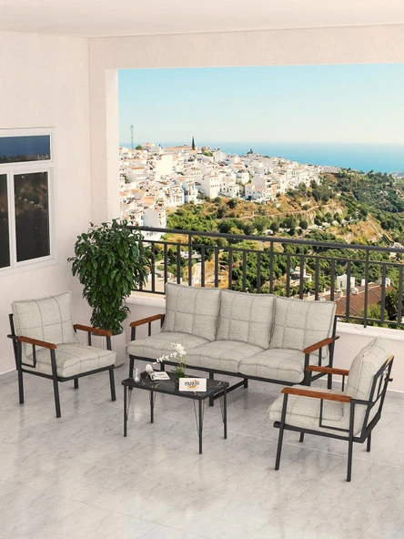 Modern Serisi Bahçe Takımı, Bahçe Mobilyası, Metal Koltuk Takımı - 3+1+1 Sehpalı - Bendir Krem - 2