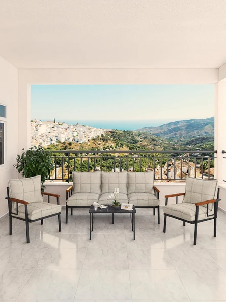 Modern Serisi Bahçe Takımı, Bahçe Mobilyası, Metal Koltuk Takımı - 3+1+1 Sehpalı - Bendir Krem - 3