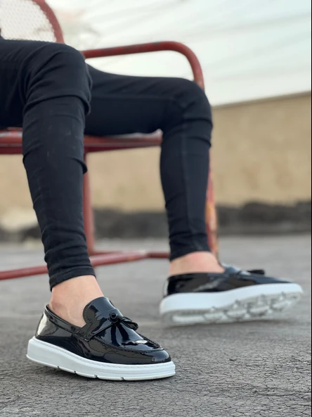 ET0005 Bağcıksız Yüksek Taban Klasik Rugan Kemerli Püsküllü Corcik Erkek Ayakkabı - Resim 2