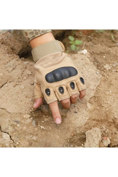 Taktik Eldiven Kemikli Yarım Parmak Sarı(çöl) Eldiven - 3