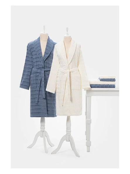 Özdilek Land Aile Bornoz Seti İndigo Krem 2584