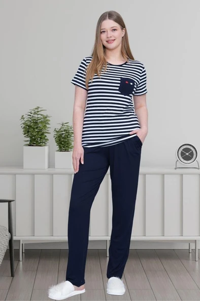 Mecit 6202 Bayan Lacivert Çizgili Büyük Beden Pijama Takımı - 2