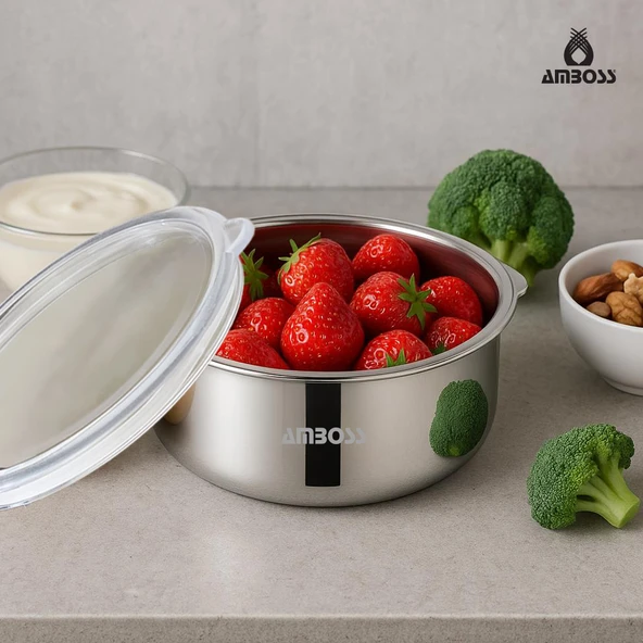 Amboss SteelBox 2 Parça Paslanmaz Çelik Şeffaf Kapaklı Saklama Kabı 18 cm - 2