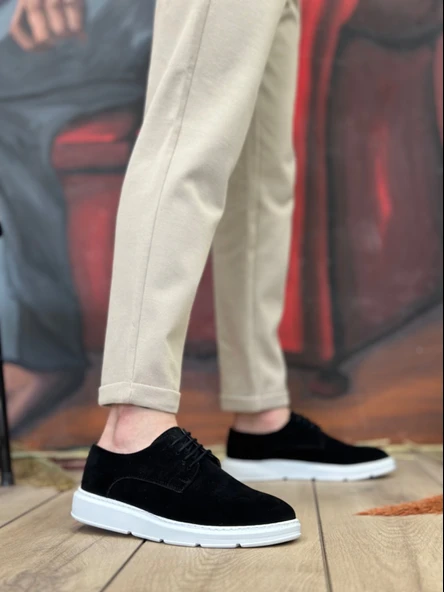 ET0003 Bağcıklı Klasik Spor Süet Siyah Beyaz Yüksek Taban Casual Erkek Ayakkabı - Resim 2