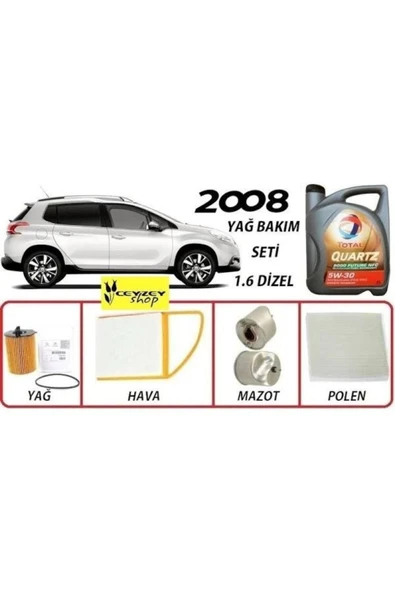 TOTAL Peugeot 2008 1.6 Dizel Yağ Bakım Ful Set Quartz Ineo Ecs 5w30 4lt Dpf Li Motor Yağ