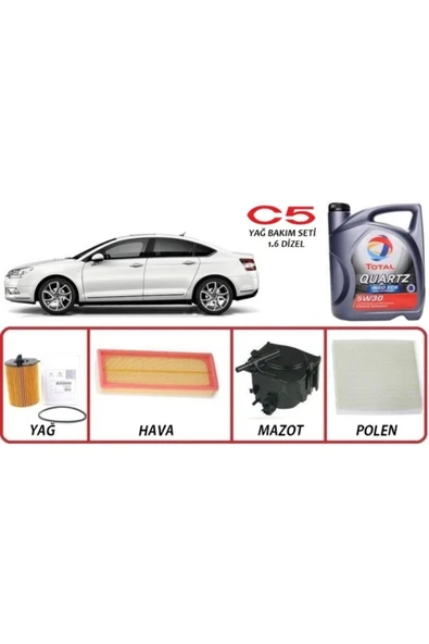 TOTAL İneo Ecs 5w-30 Dpf 4lt -citroen C5 Euro5 1.6 Uyumlu Dizel Yağ Bakım 5li Set