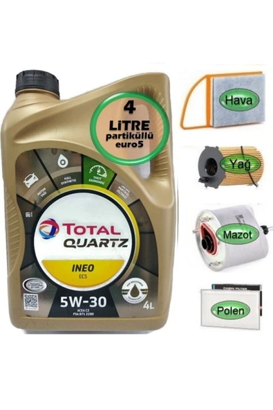TOTAL 5w30 Partikül Yağ + Filtre Ful Set Peugeot 301 1.6 Dizel
