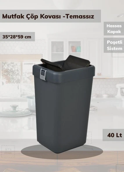 Çöp Kovası Bas Çek Mutfak Banyo Çöp Kutusu Antrasit 40 Litre