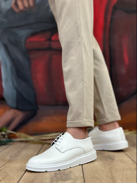 ET0003 Bağcıklı Klasik Beyaz Kalın Taban Casual Erkek Ayakkabı - 3