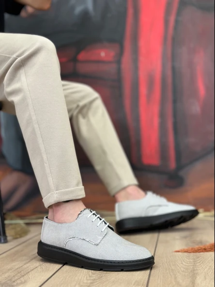 ET0003 Bağcıklı Klasik Spor Gri Renk Siyah Taban Keten Yüksek Taban Casual Erkek Ayakkabı
