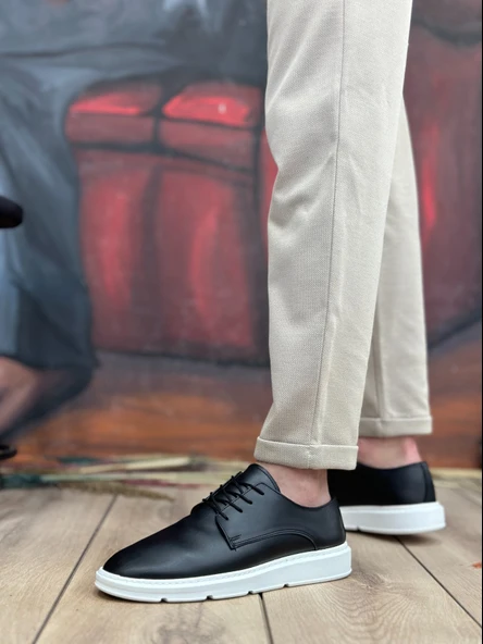 ET0003 Bağcıklı Klasik Siyah Beyaz Yüksek Taban Casual Erkek Ayakkabı - Resim 2