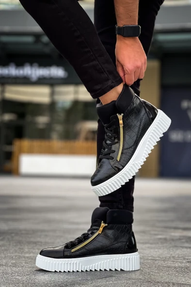 ET-S-512 Kalın Yüksek Taban Çift Fermuarlı Siyah Erkek Spor Bot - Resim 7