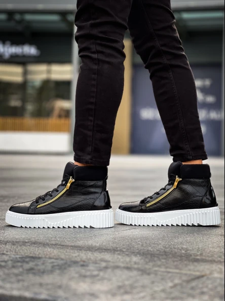 ET-S-512 Kalın Yüksek Taban Çift Fermuarlı Siyah Erkek Spor Bot - Resim 6