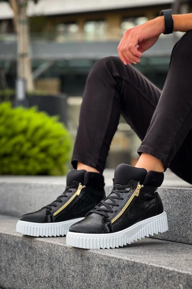 ET-S-512 Kalın Yüksek Taban Çift Fermuarlı Siyah Erkek Spor Bot - Resim 8