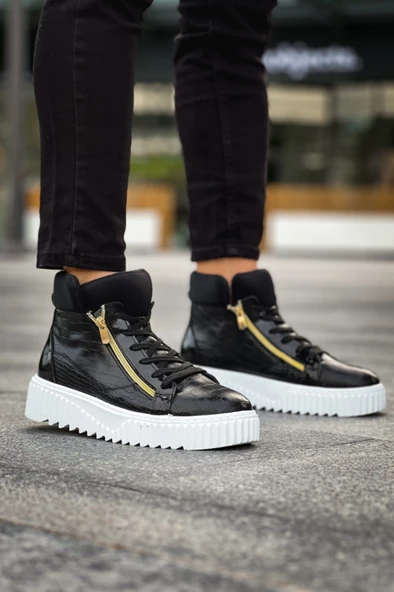 ET-S-512 Kalın Yüksek Taban Çift Fermuarlı Siyah Erkek Spor Bot - Resim 3