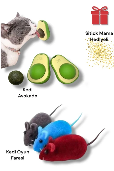 Kedi Avokado Catnipli Fare Oyuncak Set + Mini sitick Hediyeli Set - Gerçekçi fare