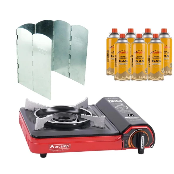 Orcamp Portatif Kamp Ocağı Kırmızı + 6 Kanatlı Rüzgarlık + 7 Evolite 227 gr Gaz Kartuşu EVO-002-E6