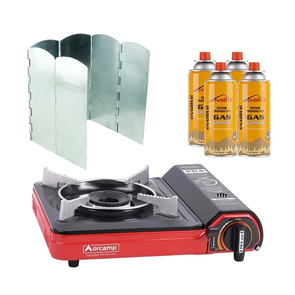 Orcamp Portatif Kamp Ocağı Kırmızı + 6 Kanatlı Rüzgarlık + 4 Evolite 227 gr Gaz Kartuşu EVO-002-E3