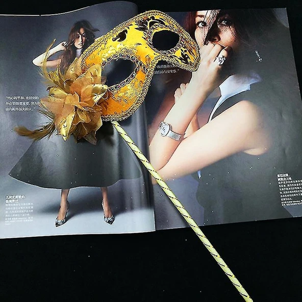 KENPAZAR Lüks Taşlı Saplı Maskeli Balo Maskesi Altın Renk 35 cm