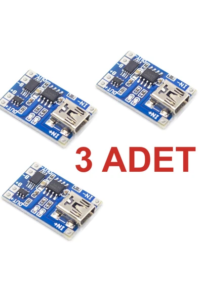 Rodevino 3 Adet Tp4056 Akım Korumalı 1a Lipo Batarya Şarj Modülü (MİNİ USB) ürün görseli