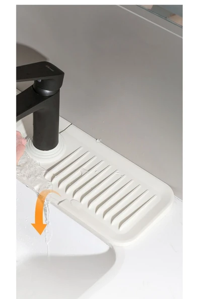 Miraçer Silikon Elastik Musluk Su Tutmaz Matı - Tezgah Su Akıtma Matı - Musluk Organizeri - Beyaz - 4