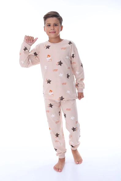 Yıldız Nota Desenli Bej Unisex Pijama Takımı - Resim 12