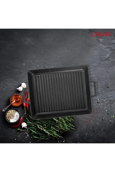 Lava Döküm Dikdörtgen 26x32 Metal Kulplu Izgara Tava - 7