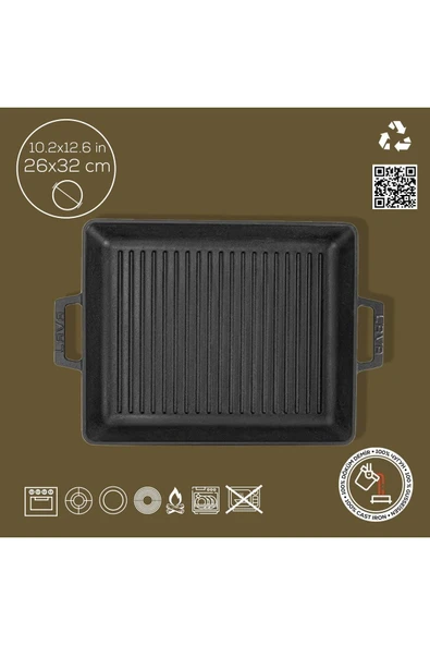 Lava Döküm Dikdörtgen 26x32 Metal Kulplu Izgara Tava - 4