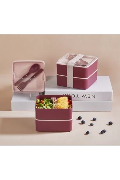 Miraçer Buca Lunch Box & Yemek Kabı & Erzak Kabı & Pinterest Çift Katlı Saklama Kabı - Pembe&Mürdüm