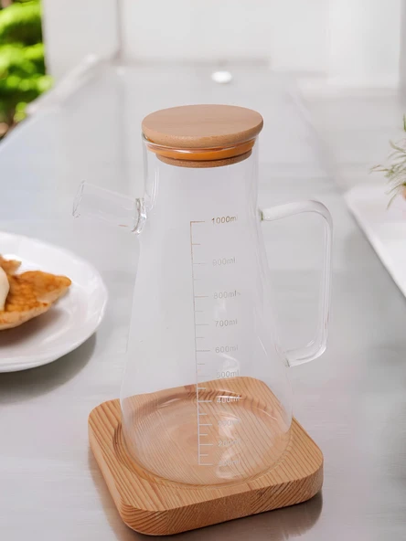 Miraçer Borosilikat Bambu Vakum Kapaklı Sürahi Yağlık Sirkelik Takımı 2 Parça 1000 ml+1000 ml - 2